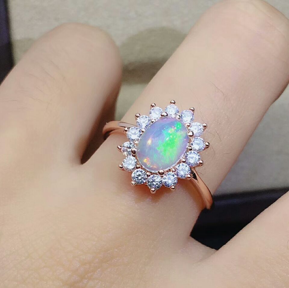 MeiBaPJ Opale Naturale Anello di Girasole Orecchini Della Collana Del Braccialetto 4-pezzi Vestito per le Donne Reale dell'argento Sterlina 925 Gioielleria Raffinata impostato: rosa oro ring