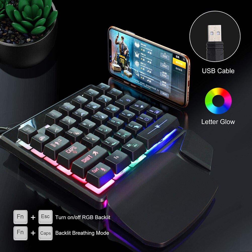 JX200 35 Keys USB 2.0 Wired RGB Backlight One-Handed Mechanical Keyboard Mouse Laptop Computer Ergonomic Mice Silent
