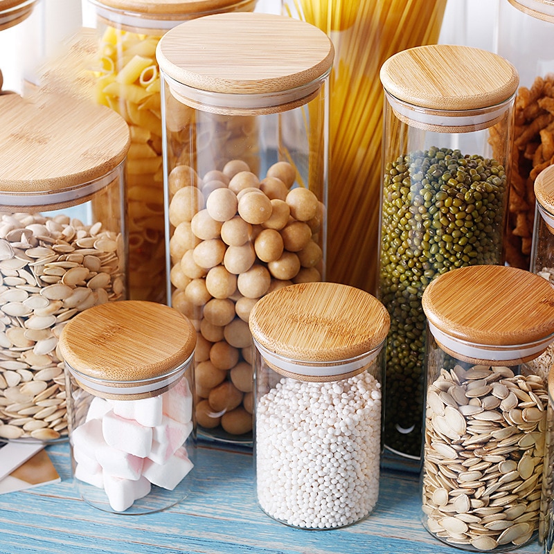 Kitchen food container bamboo lid sealed cans food tea cans transparent storage jars kitchen whole grains beans storage bottles