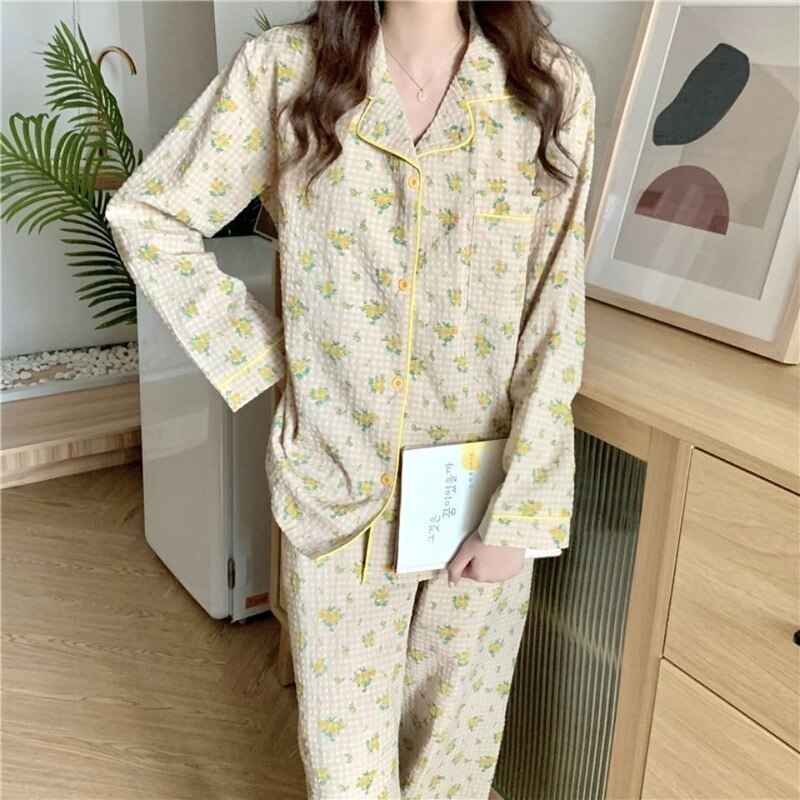 Pijama de algodón para mujer, ropa de dormir con estampado Floral coreana, conjunto de 2 piezas, para el hogar, Primavera