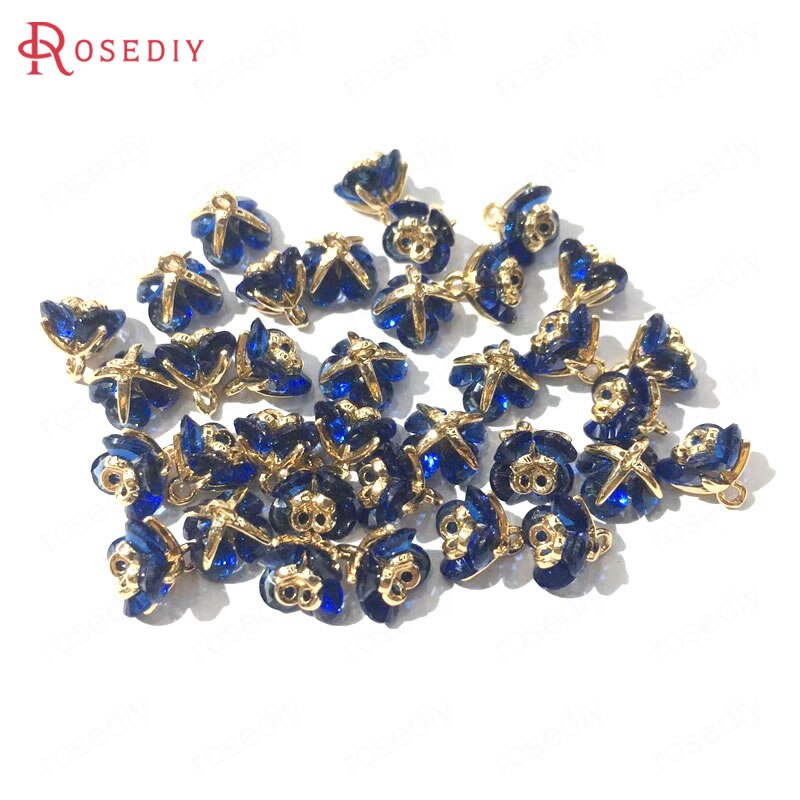 (37101)6PCS 7x7MM 24K Champagne Gold Color Brass and Zircon 3D Flower Charms Pendants Jewelry Making Supplies Diy Accessories: Dark Blue