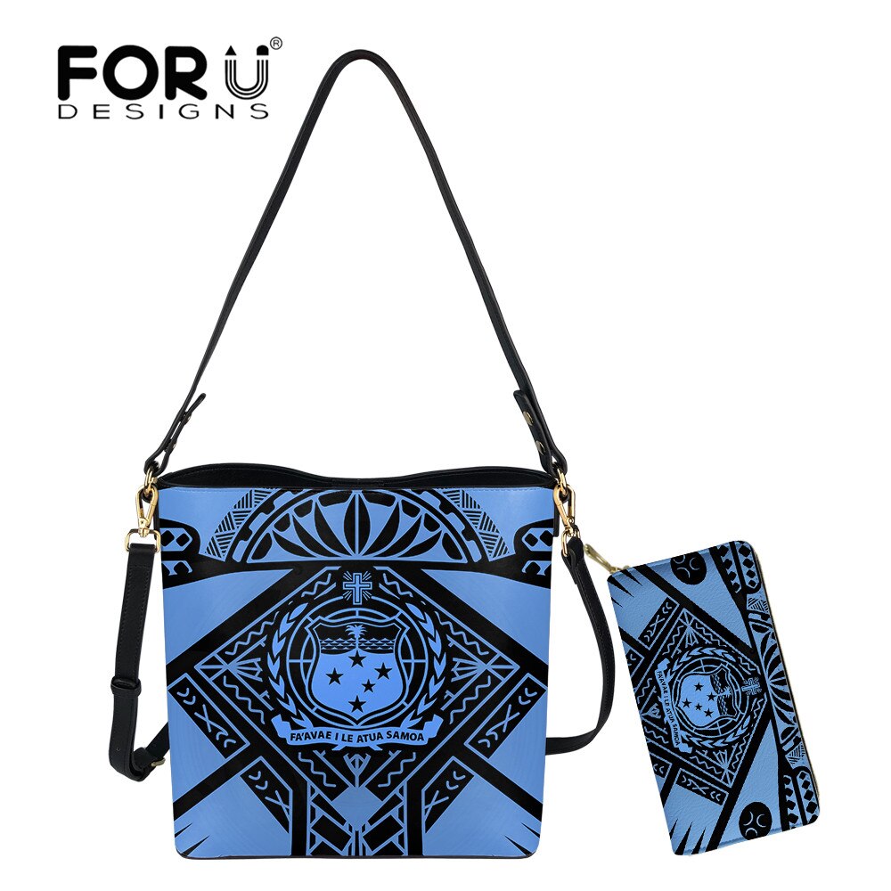 Forudesigns Vrouw Leahter Schoudertassen En Portemonnee Samoa Tribal Emmer Bag Lady Pu Top-Handvat Tas bolsa Mujer: HTE2048D61 Z21 / 2Pcs set