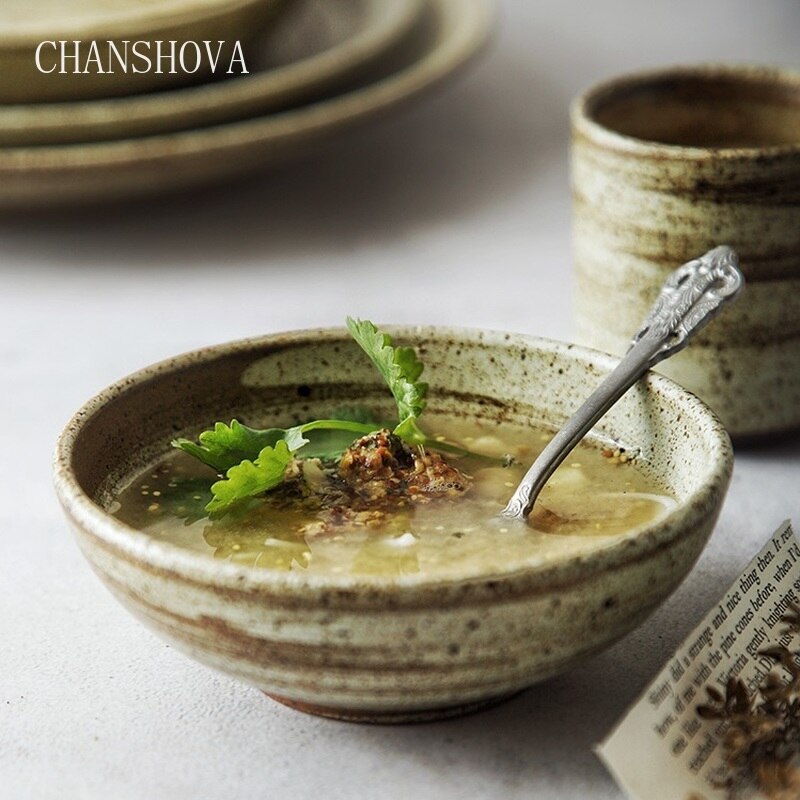 CHANSHOVA, conjunto moderno de plato redondo de cerámica grueso pintado a mano de estilo antiguo Vintage, platos, taza de té, juego de cuencos, utensilios de cocina H000