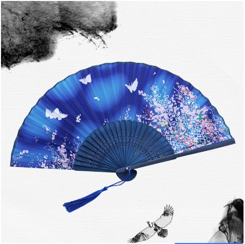 Abanico plegable de mano de seda con estampado de estilo japonés chino tradicional, borla de mango de madera, de boda , decoración del hogar: Azul marino