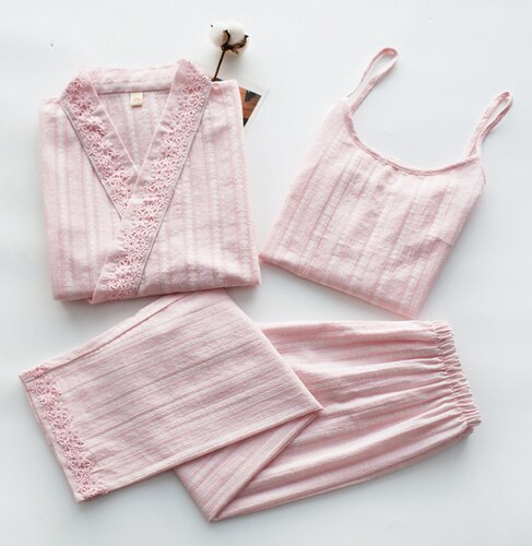 Japanse kimono lente en herfst katoenen damesbroek met lange mouwen bretels driedelig huispak pyjamapak zomer: Roze driedelige set / Xl