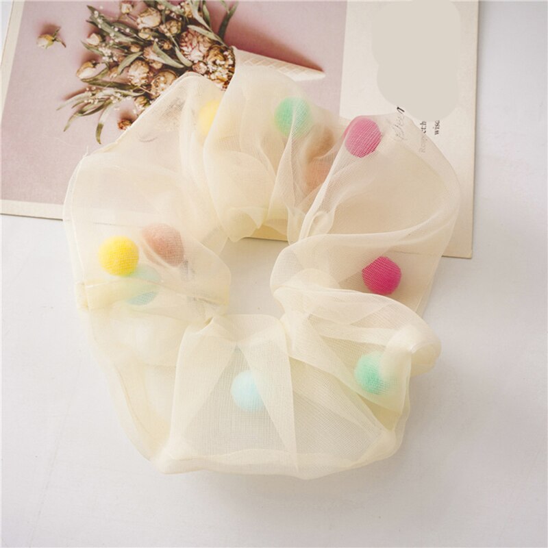 Vrouwen transparante tule kleurrijke haaraccessoires organza met bol net garen mesh scrunchie elastische haarbanden paardenstaarthouder: Geel