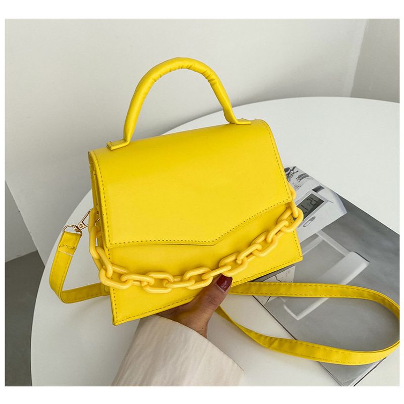 Zomer Effen Kleur Kleine Handtas Mode Luxe Vrouwen Lederen Schoudertas Trendy Ketting Clutch Bag: YELLOW