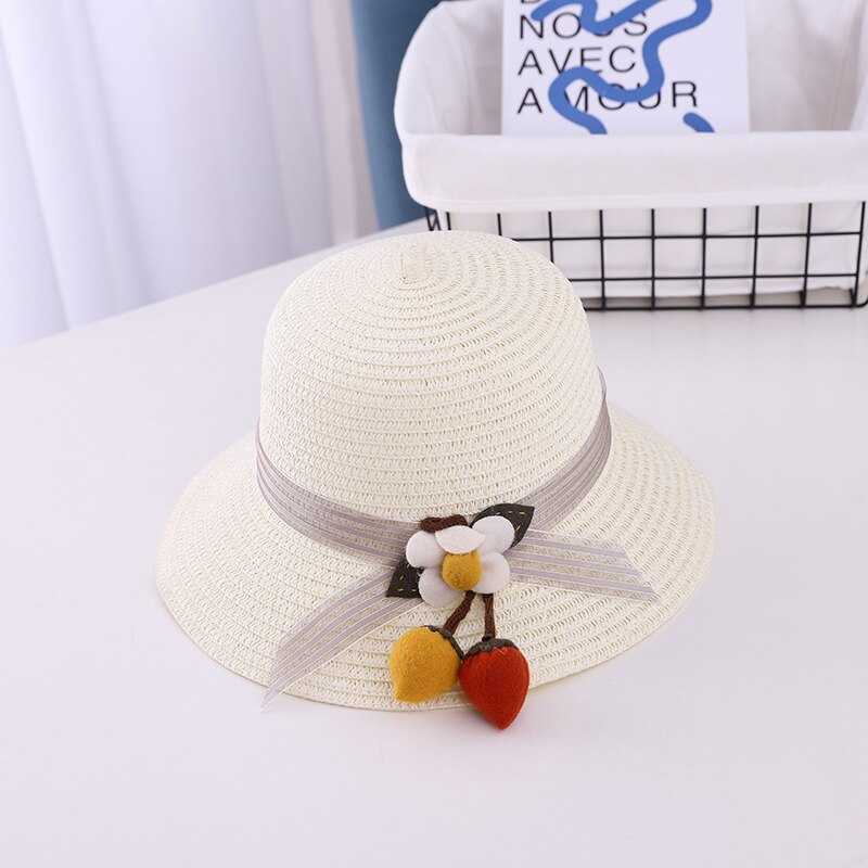 Summer Sweet Cute Flowers Kids Straw Hats Children Beach Cap Baby Photography Props Baby Girl Hat Sun Visor Caps: Milky white