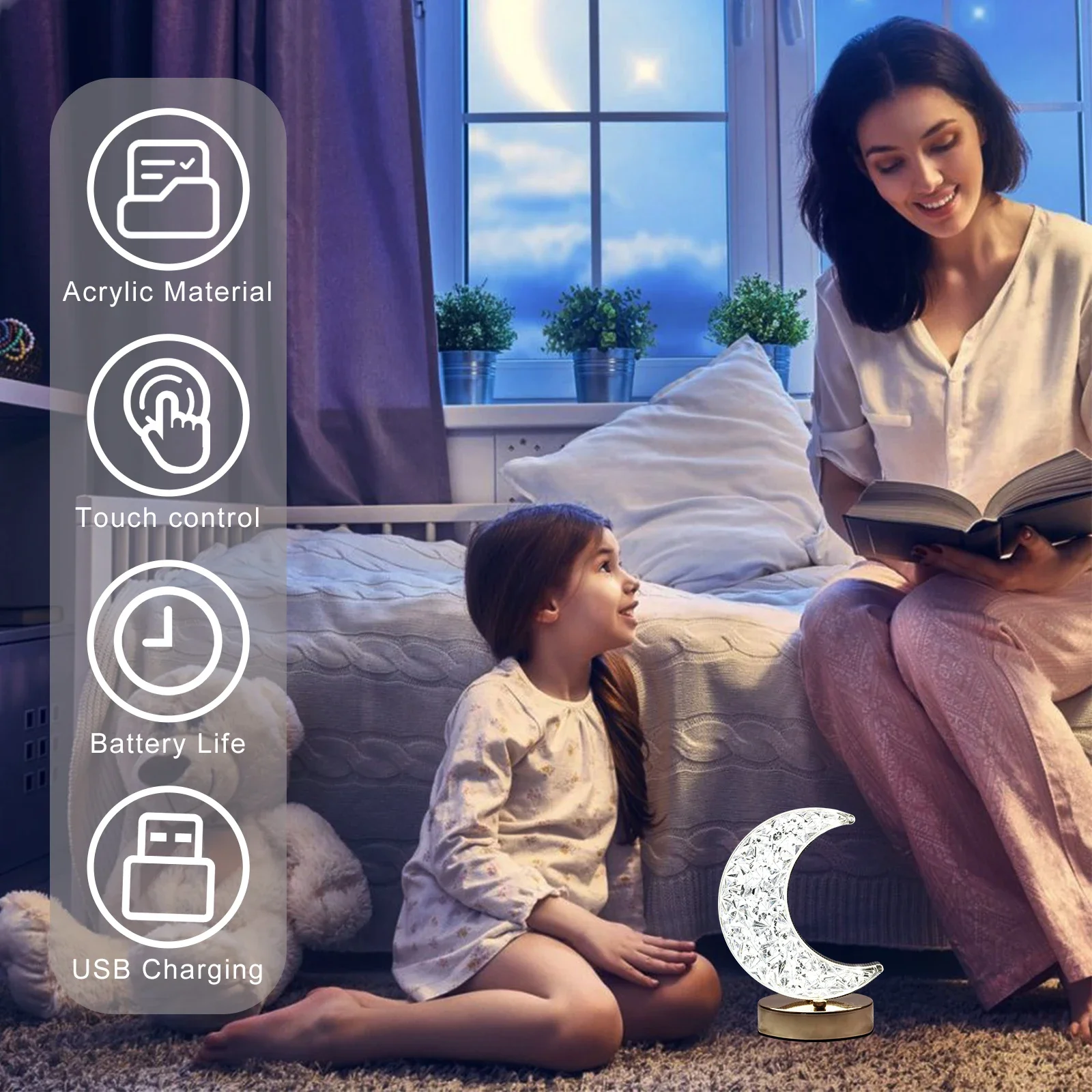 Led maankristal bureaulamp usb-opladen aanraakgevoelige driekleurige kleine nachtlamp, slaapkamer nachtlampje voor sfeerverlichting