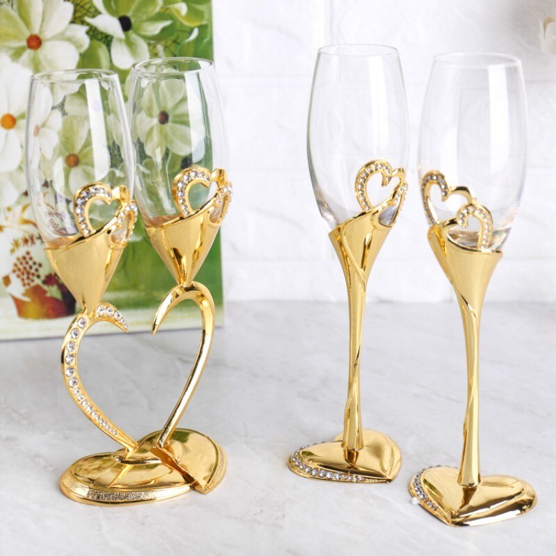 Hjerteformet rødvin glas høj fod krystal glas guld sølv dobbelt kop elskere kop fødselsdag bryllup dekoration