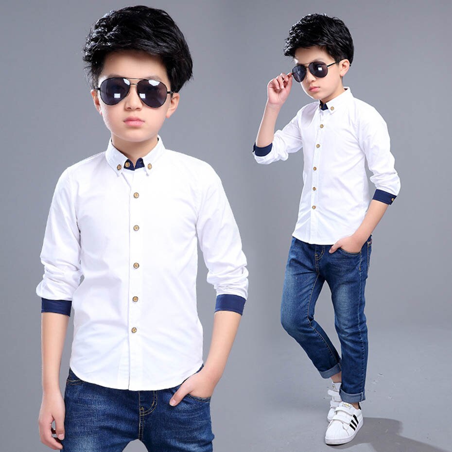 Knappe Jongens Shirts Effen Wit Shirt Voor Jongens Lange Mouw Tiener Jongens Kleding Mode Lente School Shirt Jongens 6 8 10 12 14
