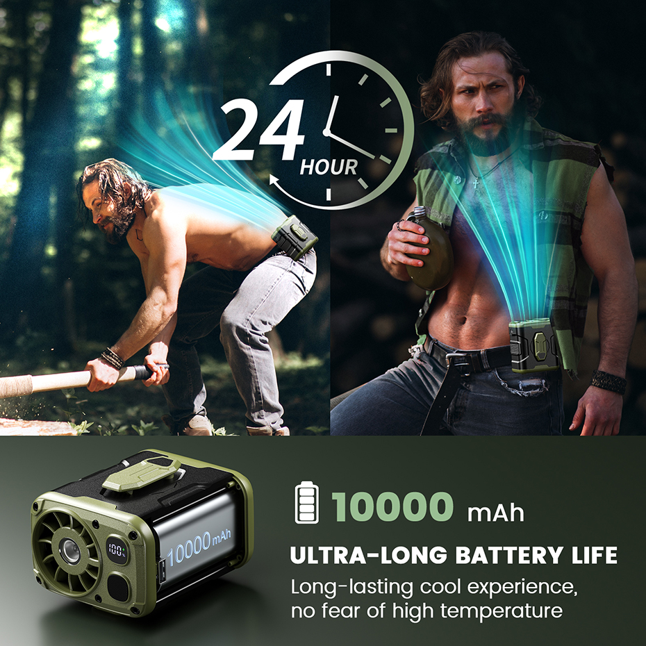 Ventilador de cintura portátil de 10000mAh con banco de energía, iluminación LED, ventilador de cuello colgante, ventilador de refrigeración de flujo de aire fuerte de 5 velocidades para trabajo al aire libre
