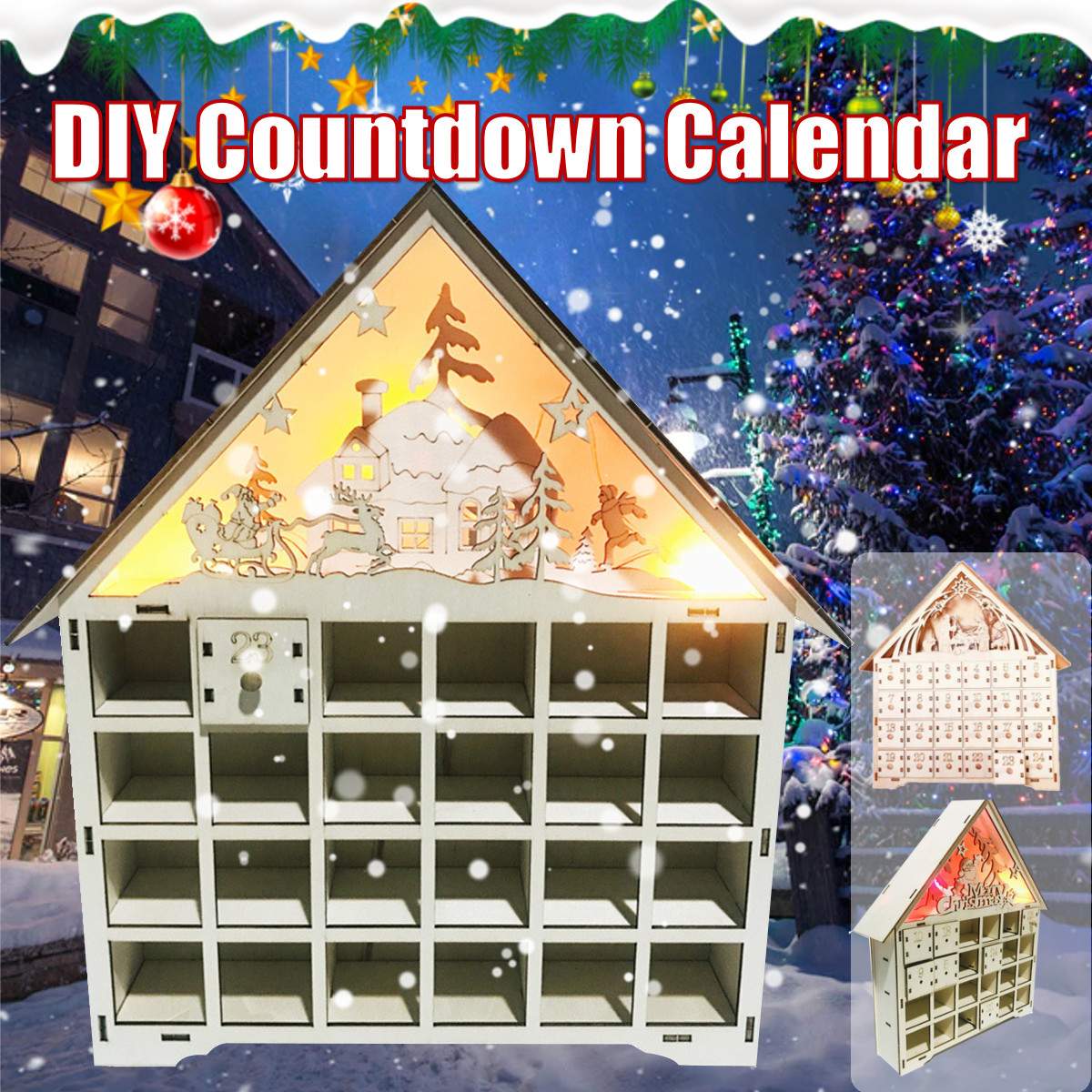 Houten adventskalender, aftellampjes, kerstverlichting, 24 uittrekbare lades, led-lampjes, kerstversiering, adventskalender