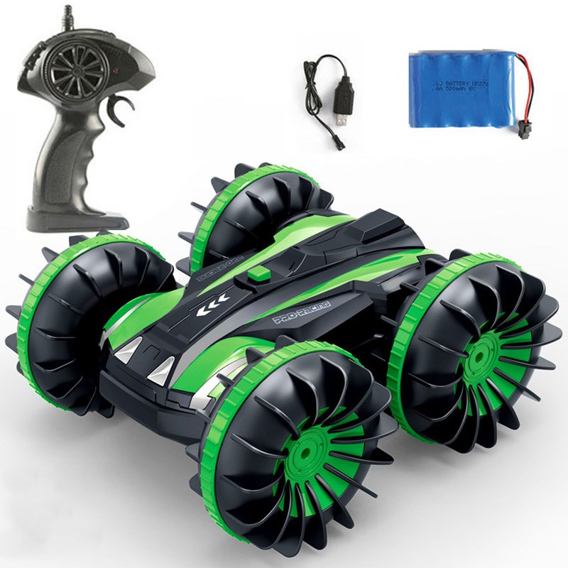360 rotating rc cars , 2,4g remote control stunt cars, 2 -sided waterproof cars that drive on water and land, amphibious electric rc toys: Big green