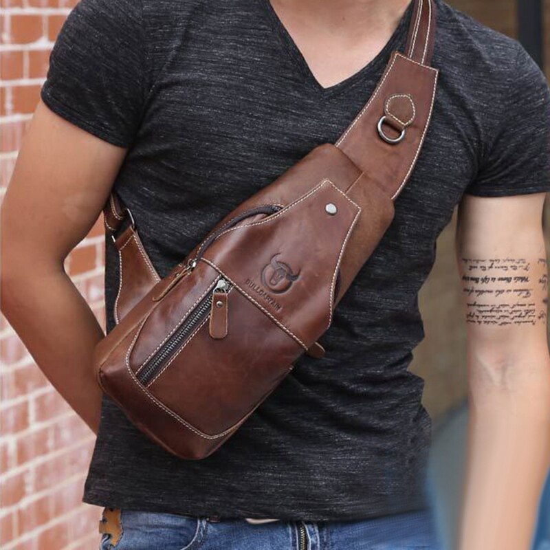 LJL-BULLCAPTAIN sac bandoulière homme sac bandoulière poitrine cuir portefeuille marron etanche antivol voyage a pied