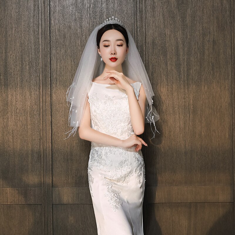 Bridal Veil Wedding Dress Waist Mid-Length Veil Double-Layer Feather Veil G2005: Default Title