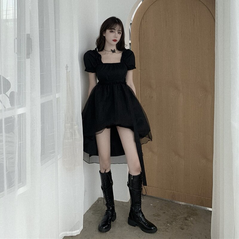 Vestido gótico negro japonés Lolita para mujer, vestido victoriano Vintage de manga corta abombada, Organza, malla, cuello cuadrado, línea A, Punk