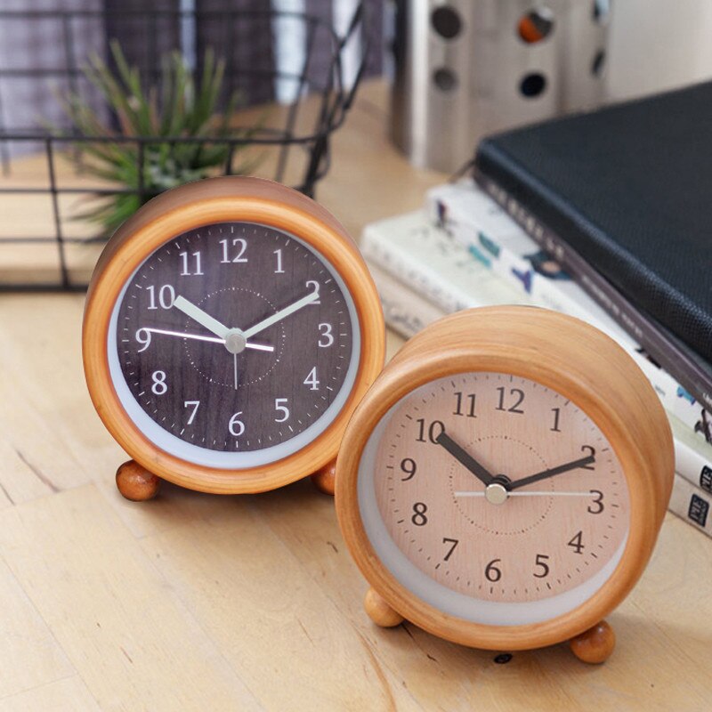 Stille Grenen Hout Wekker Creatieve Student Slaapkamer Klok Snooze Nachtlampje Japanse Kleine Wekker