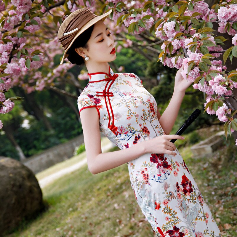 Vestido Qipao largo de estilo chino Vintage hecho a mano con botón Cheongsam para mujer con cuello mandarín vestido tradicional talla 4XL