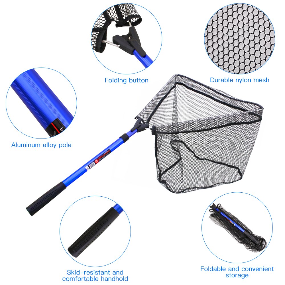 Folding Fishing Net Foldable Fish Landing Net Aluminum Telescopic Pole Handle Nylon Mesh for Safe Fish Catching Releasing