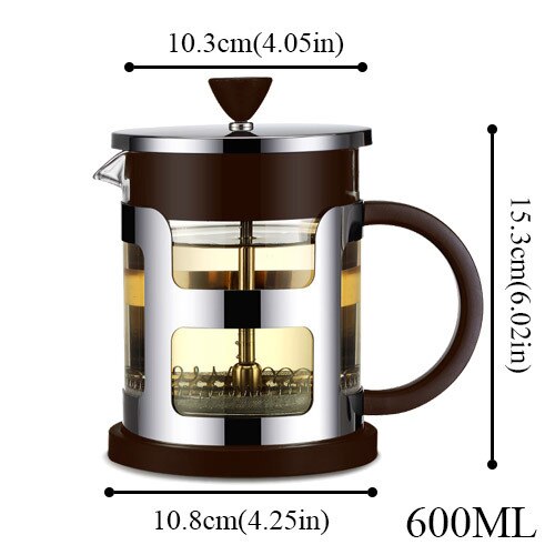 1000/600ml fransk press kaffekanna av rostfritt stål glas tekanna med te sil filter vattenkokare tekannor kaffemaskin: 600 ml kaffe