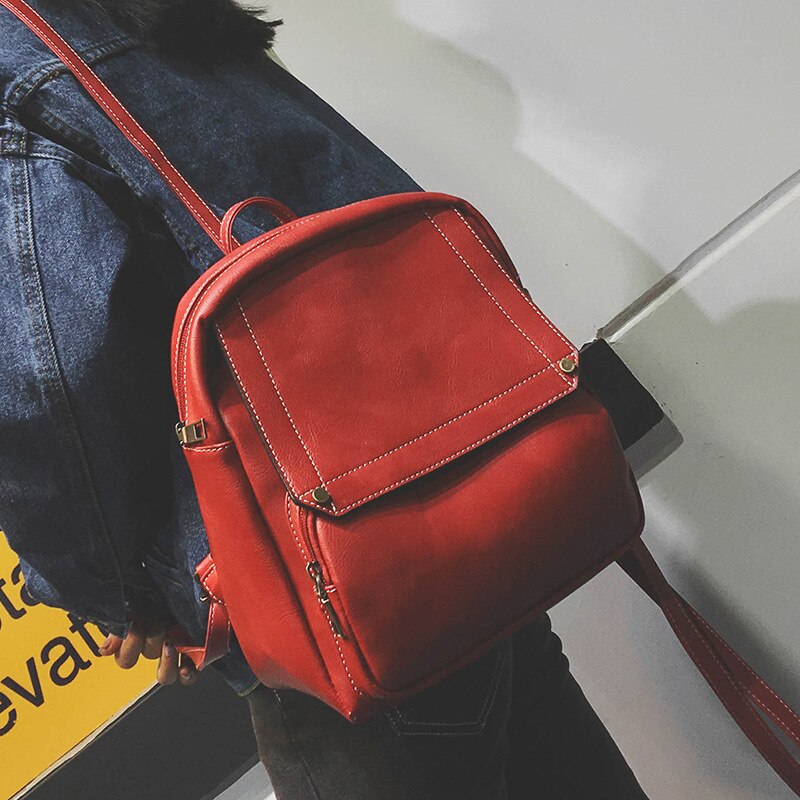 Woman Package Concise Both Shoulders Package Woman School Wind Bag Solid Color Pu Backpack