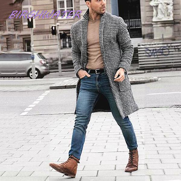 Abrigos de mezcla de lana para hombre, ropa cálida informal a cuadros coreanos, abrigo largo de negocios Vintage, Otoño,: M