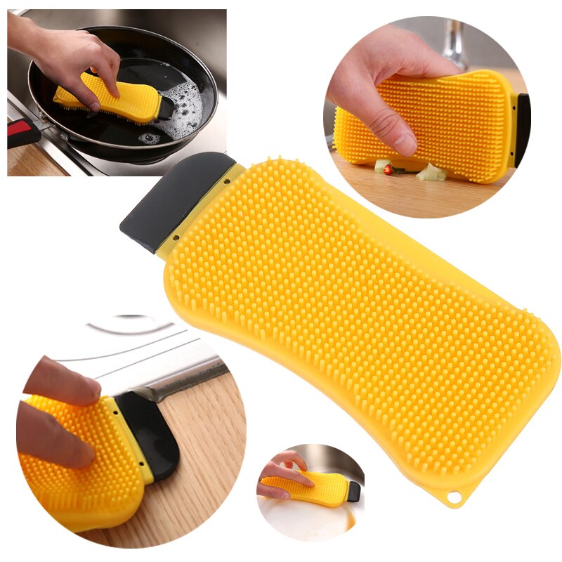 Kjøkkenrengjøringe silikonbørste multifunksjons magisk rengjøringe vaskeverktøy panne oppvaskbolle svampeskrape med såpedispenserr