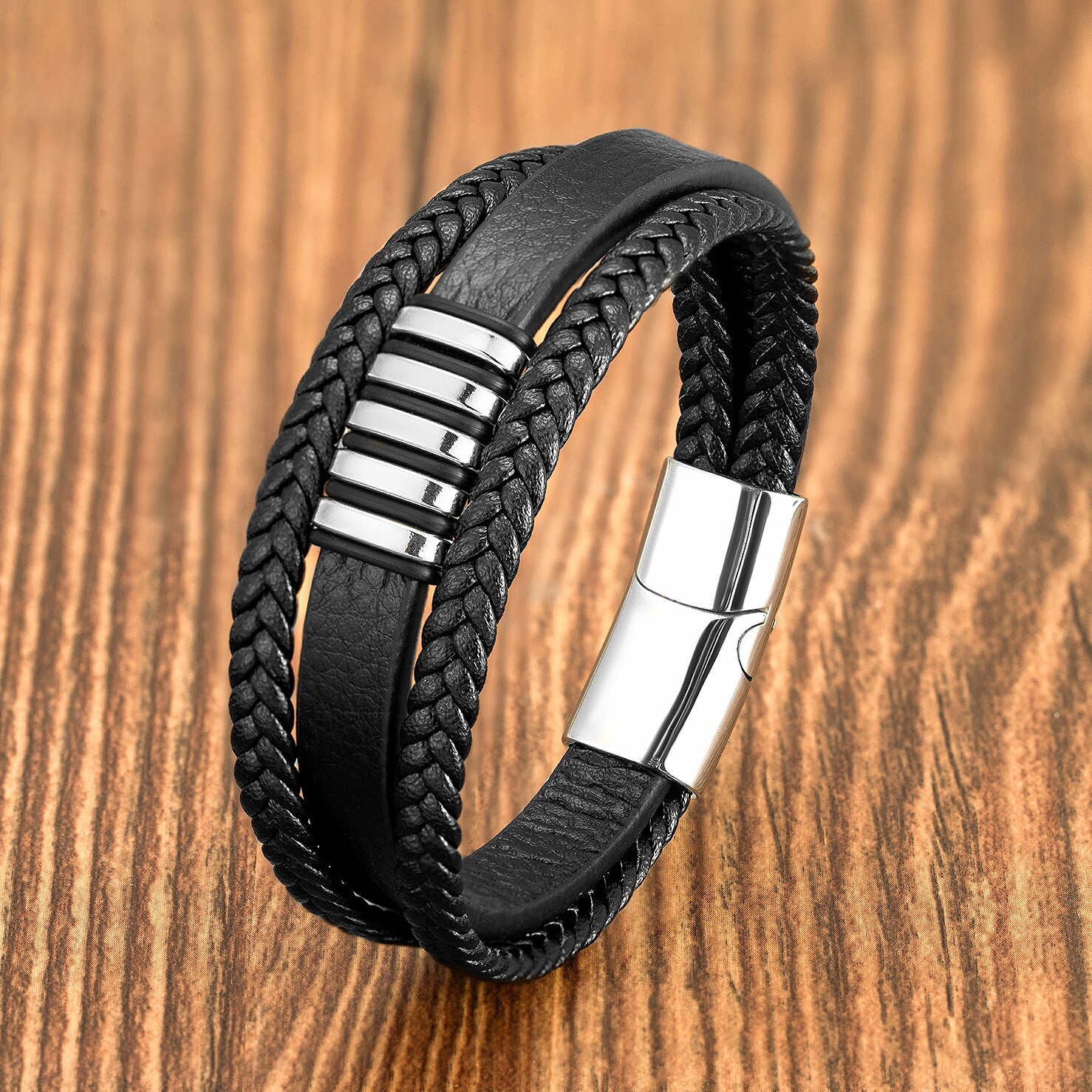 Punk Multilayer Lederen Mannen Armbanden Classic Rvs Armband Voor Mannen Charme Mannelijke Sieraden Accessoires Vriendschap