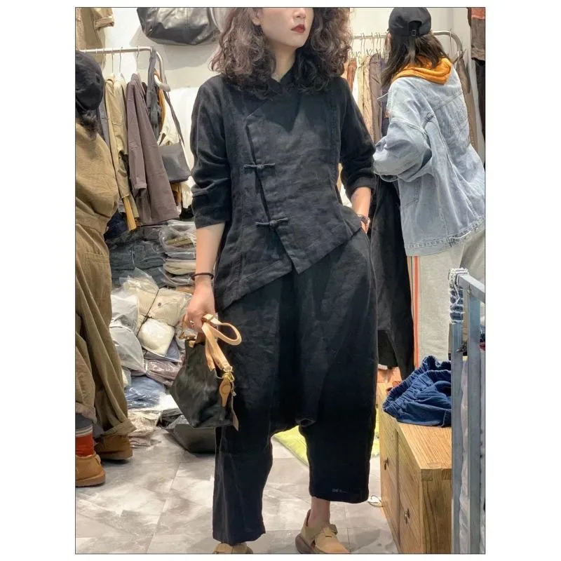 Kiinalainen epäsäännöllinen naisten paita kevät syksy retro solki löysä pusero naisille puuvilla pellava topit plus koko