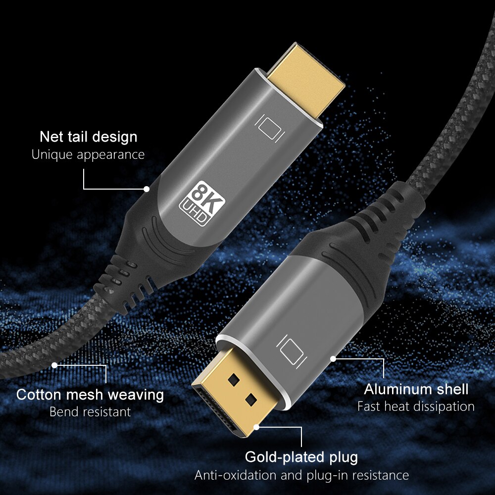 8K DisplayPort to HDMI-compatible Cable UHD 8K@30Hz 4K@120Hz Ultra Speed 48Gbps HDR for projector HDTV DP1.4 to HD2.1 Cable