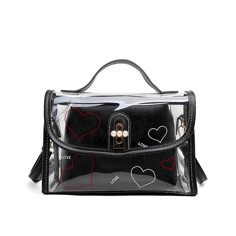 Women PVC Transparent Handbag See-through Beach Bag Clear Jelly Purse Clutch Tote PU Leather Handbag Messenger Bag: Black