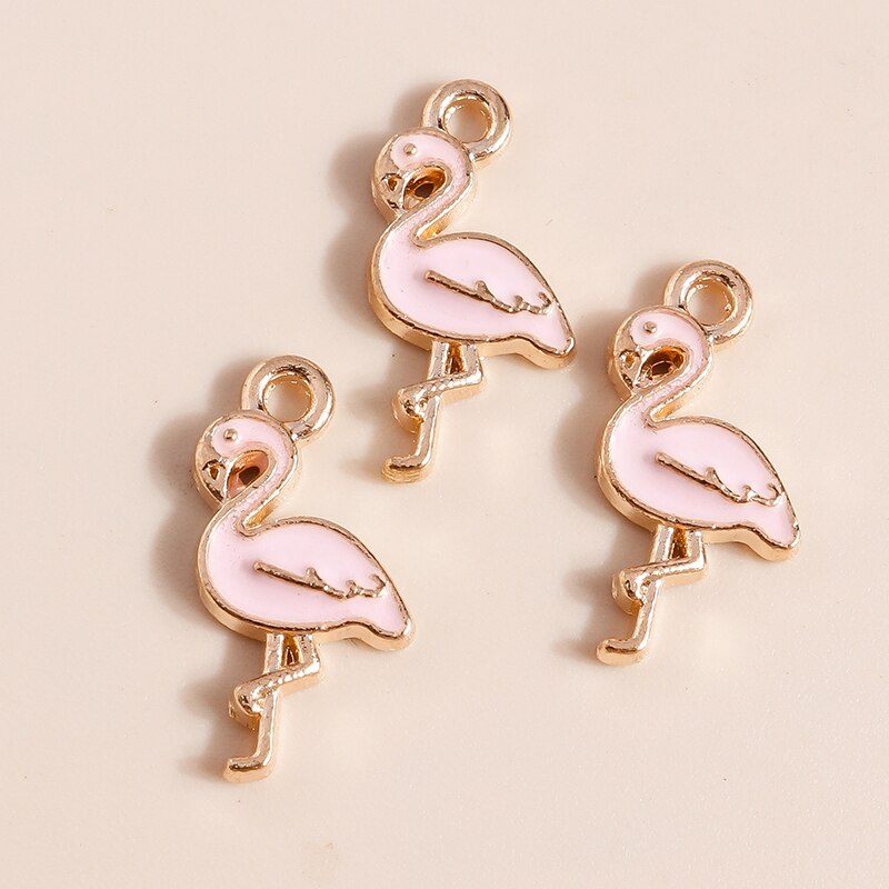 Breloques flamant rose de dessin animé pour bijoux, joli oiseau en émail, collier, boucle d'oreille, accessoires exécutifs, 10 pièces, 17x8mm: Couleur or jaune pâle