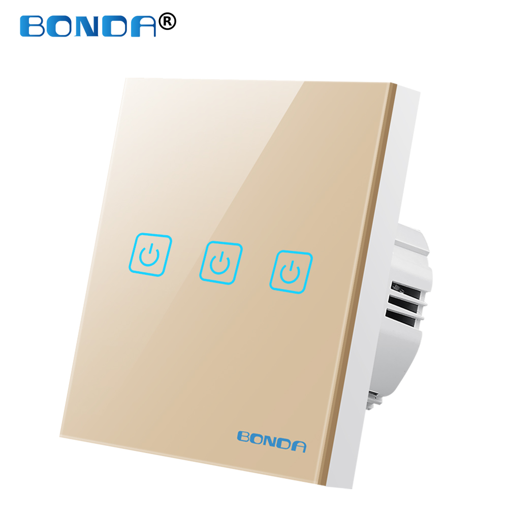 Touch Switch EU Standard AC 110-220V Tempered Crystal Glass Panel Light Sensor Switches Wall Lamp LED Backlight 1/2/3 Gang 1 Way: 601 Gold 03