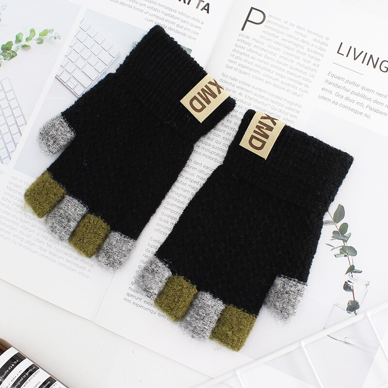 Wool Knitted Half-finger Mittens Men Fingerless Mitt Guantes Men's Warm Winter Thicken Gloves: Black