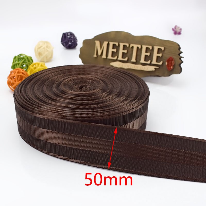 Meetee 5 meter 20-50mm polyester nylon webbing tape sikkerhedssæde bånd rygsæk kæledyr rem bælte omsnøring blonder bias bindende tape: Kaffe -50mm