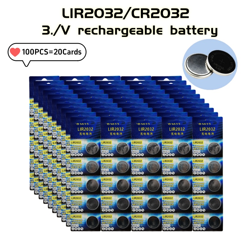 100 Stück LIR2032 praktisch wiederaufladbare Batterie 2032 Lithium-Aufladung kann 3,6 V 40 mAh CR2032 für Uhren-Münzbatterie ersetzen: Blau
