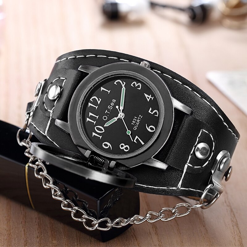 Sales O.T.SEA Brand Cool Motorcycle Skull Leather Watch Men Sports Quartz Wrist Watch Relogio Masculino 1831-4