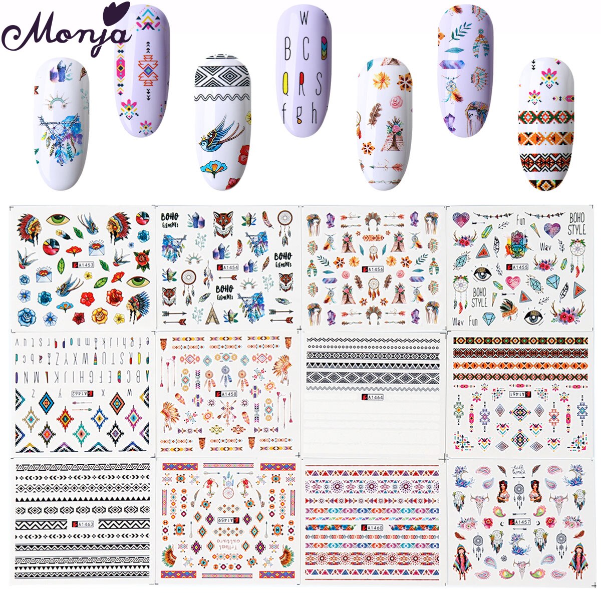 Monja 12 Stks/set Nail Art Bominian Abstracte Stijl Mix Patroon Water Transfer Sticker Nail Decals Tips Diy Manicure Decoratie