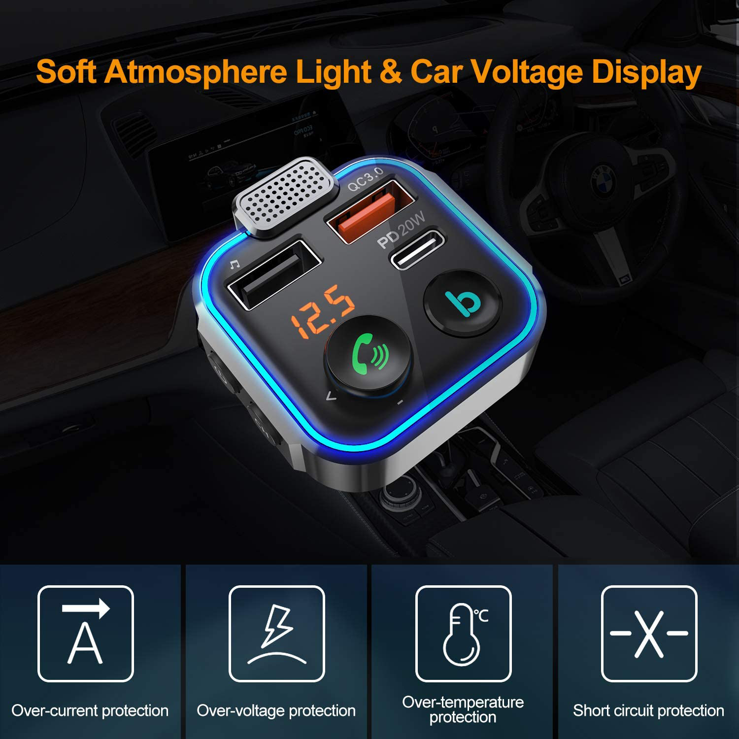 FM Transmitter Wireless Bluetooth Handsfree Car Kit with Type-C Fast Car charge Dual USB Mp3 Player Support TF Card Stereo Music