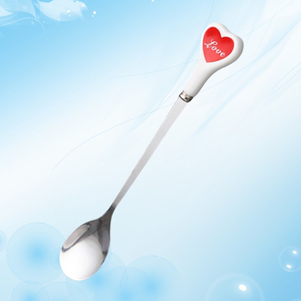 Stainless Steel Spoon with Ceramic Love Heart Handle Tableware Coffee Dessert Spoon Mixing Spoon (Red)