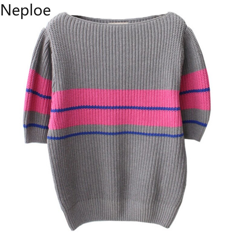 Neploe regenboog gestreepte trui dames lente koreaanse ronde hals pofmouw dames pullover tops casua stretch damestrui