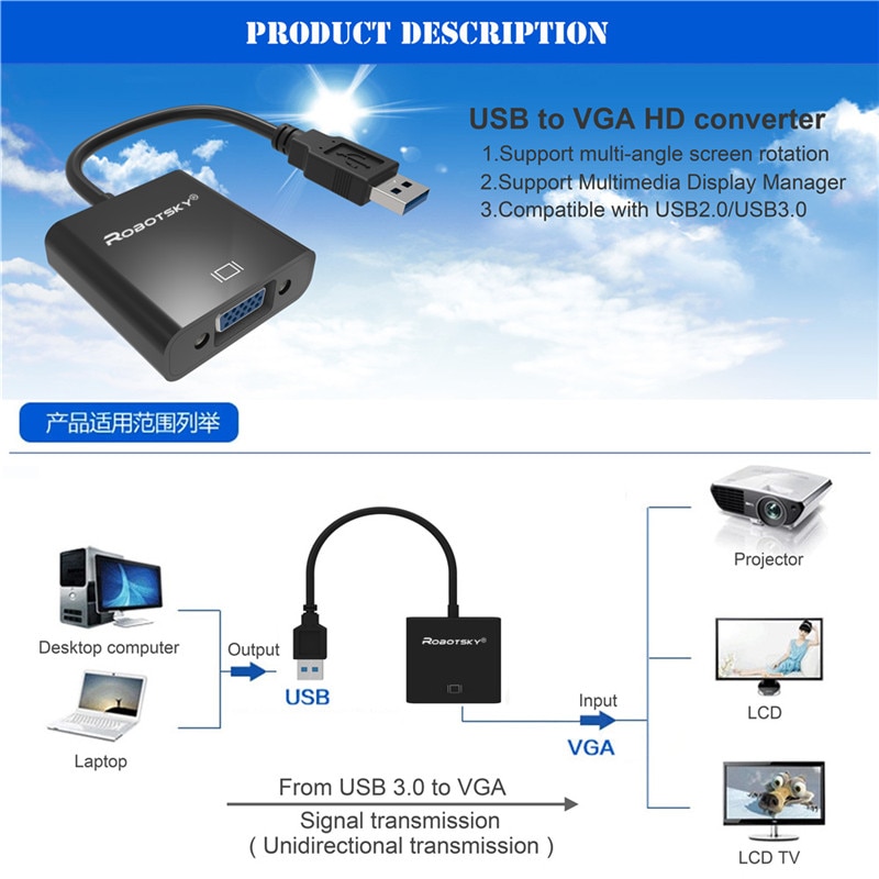 Robotsky USB 3.0 to VGA HD Converter Adapter External Video Graphic Card for Desktop Laptop