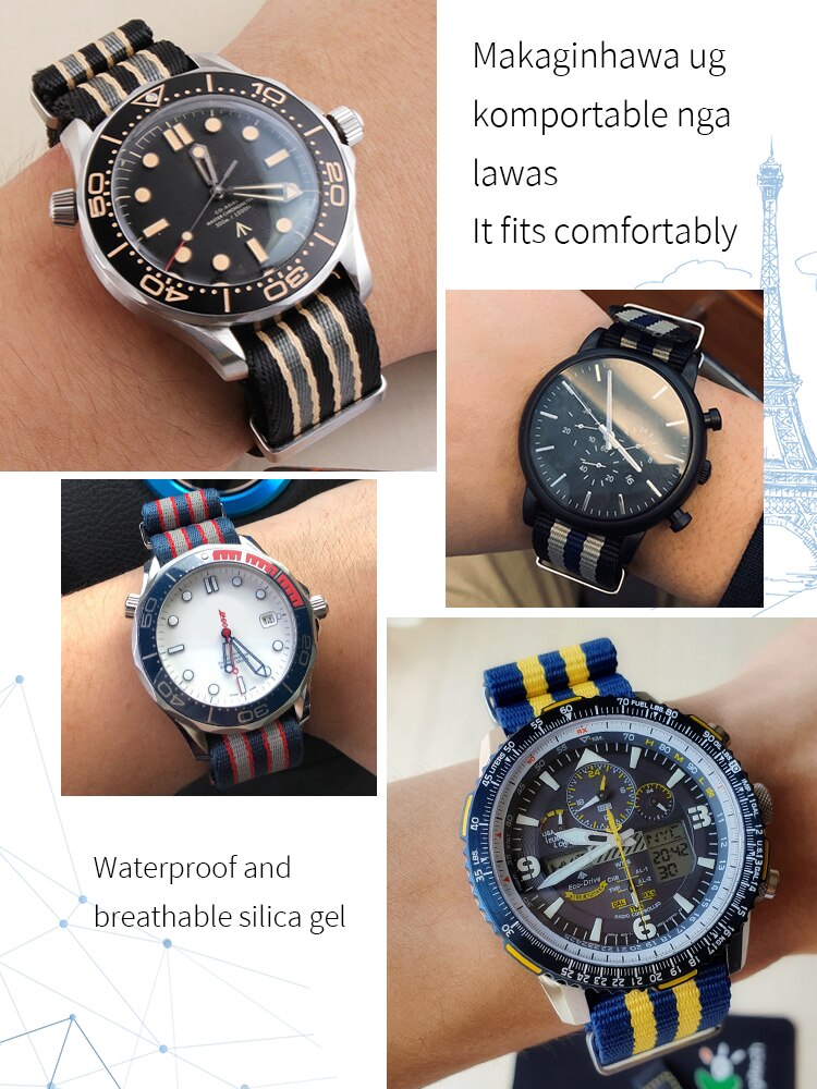 Lærredstribet nylon urbånd nato rem 20mm til omega 007 sea master nato "no time to die" armbånd pin buckletools