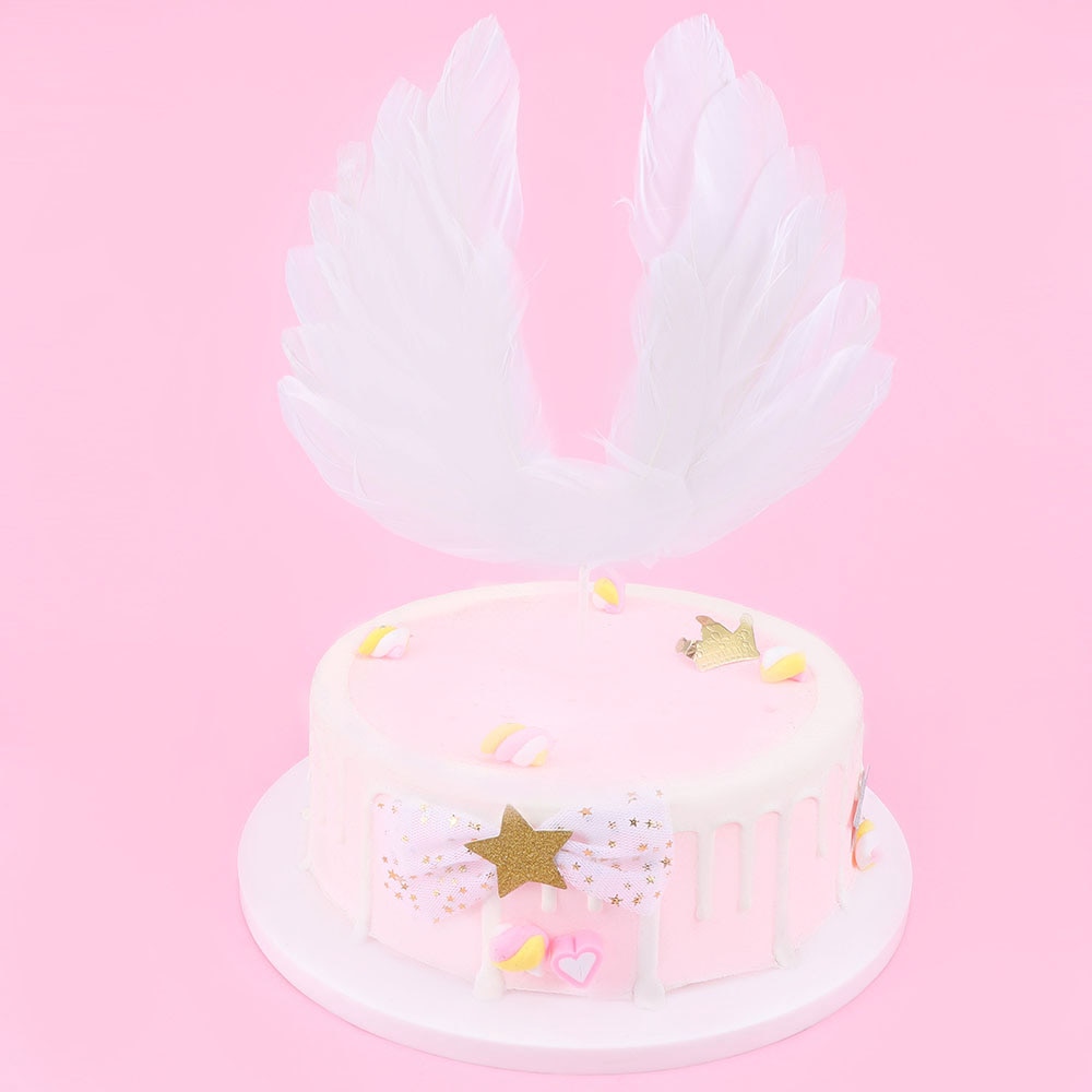 1Pcs Cake Topper Angel Wing White Feather Wing Happy Birthday Sticker Decor Baking DIY Accessory Romantic Ornaments Decoration