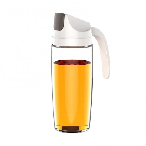 Leakproof Glass Oil Bottle Can Automatic Opening Seasoning Dispenser with Handle: White 630ml