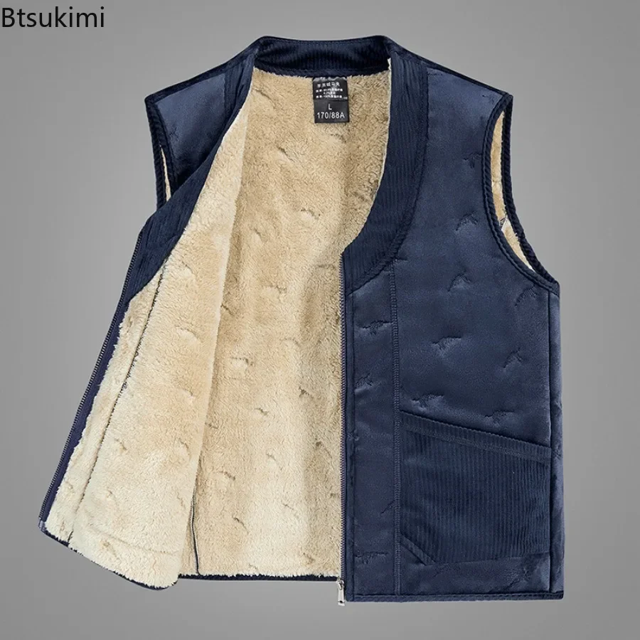 Outono inverno masculino sem mangas colete jaqueta moda algodão-acolchoado mais velhos engrossado colete casacos masculino quente cordeiro velo colete