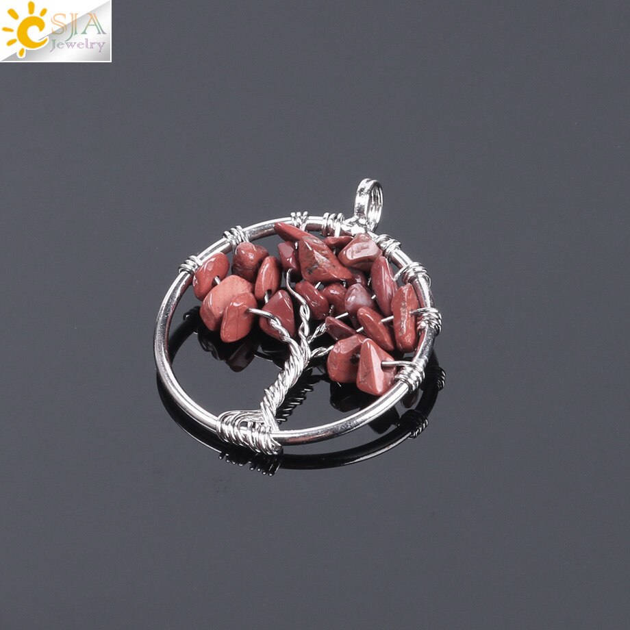 CSJA Tree of Life Necklace &amp; Pendant Silver Color Crystal Natural Gem Stone Chip Beads 7 Chakra Wire Wrapped Women Jewelry F141: Red Jasper