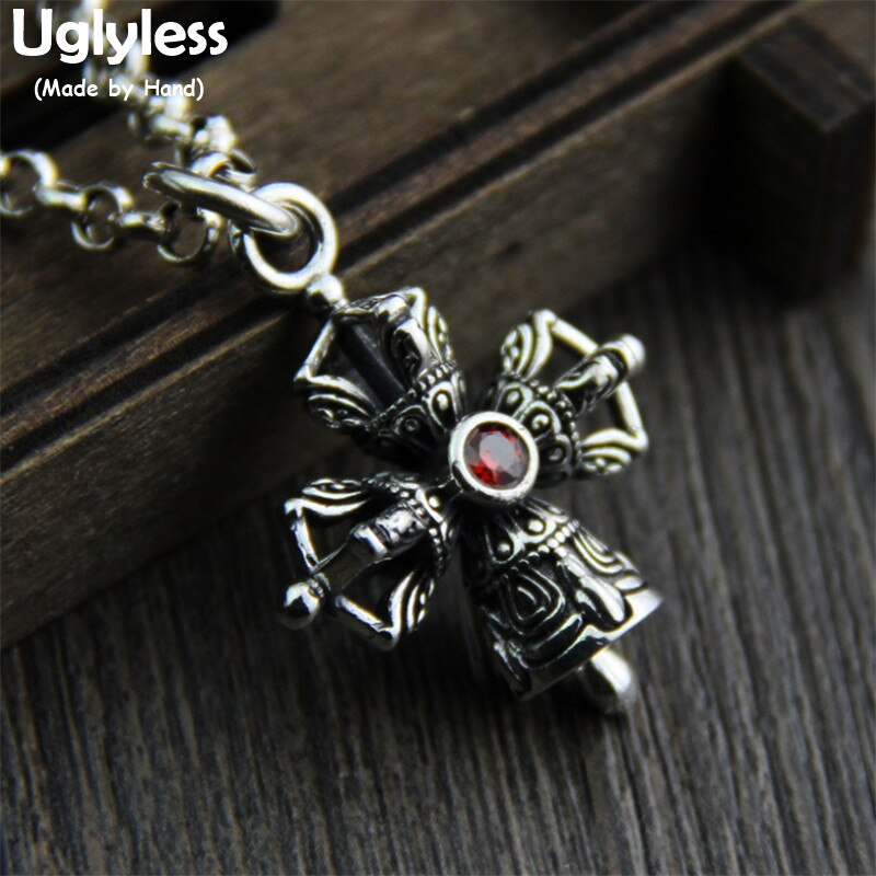 Uglyless Vulcanizzata Reale S925 tailandese Argento affrescare unisex Buddismo Vajra Pendenti con Gemme E Perle Collana senza Catena Croce progettista Gioielli Campana