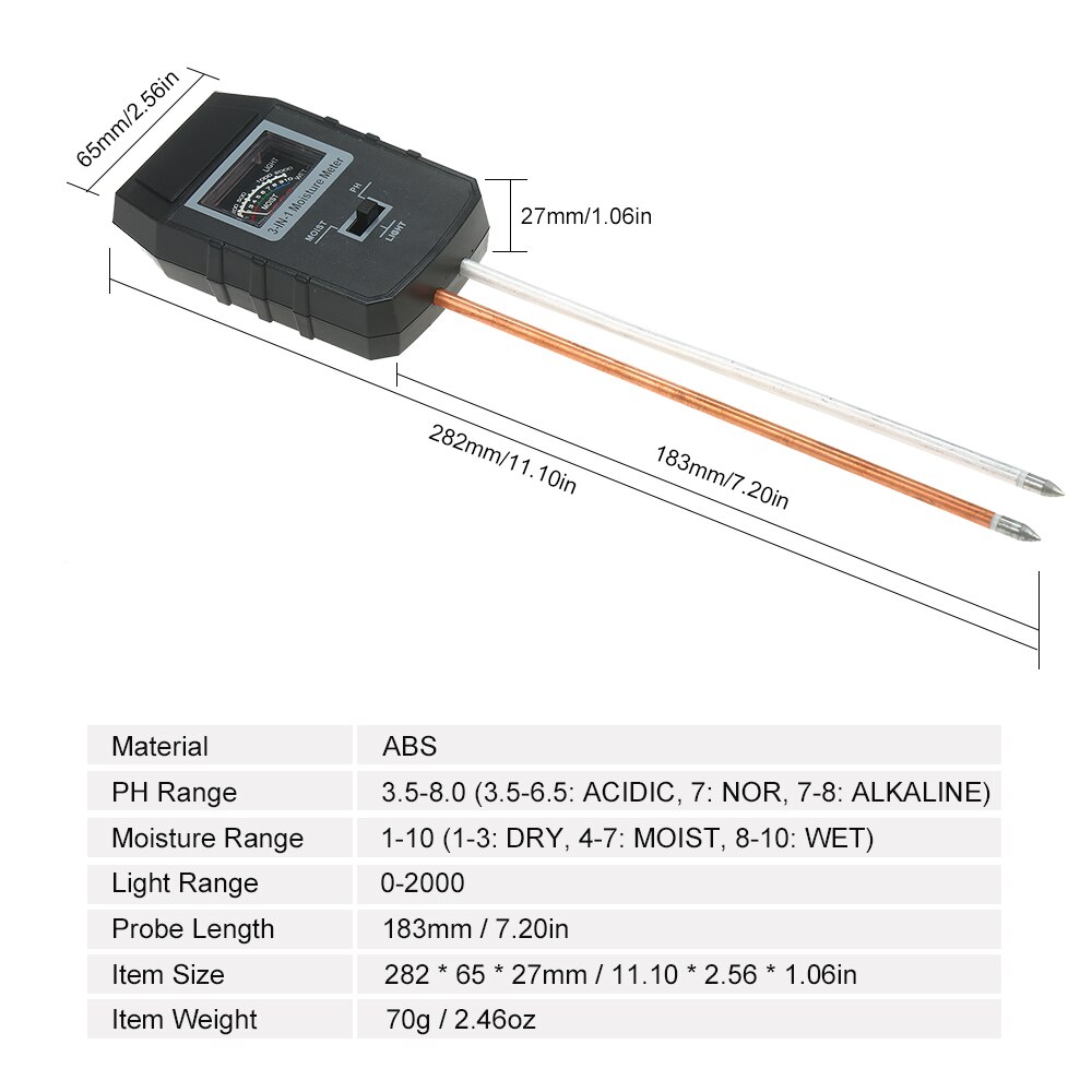 3-in-1 Soil pH Light Moisture Meter Soil Test Kit for Indoor Outdoor Garden Lawn Farm No Battery Required
